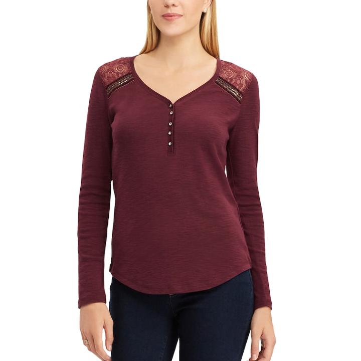 Women's Chaps Lace-trim Henley, Size: Small, Red