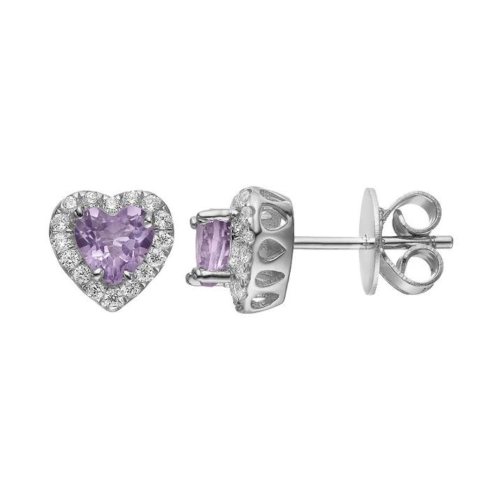 Rebecca Sloane Amethyst & Cubic Zirconia Platinum Over Silver Heart Halo Stud Earrings, Women's, Purple