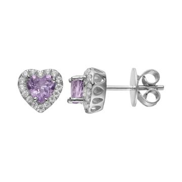 Rebecca Sloane Amethyst & Cubic Zirconia Platinum Over Silver Heart Halo Stud Earrings, Women's, Purple