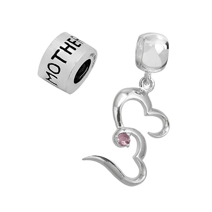 Individuality Beads Sterling Silver Cubic Zirconia Double Heart Charm & Mother Bead Set, Women's, Pink