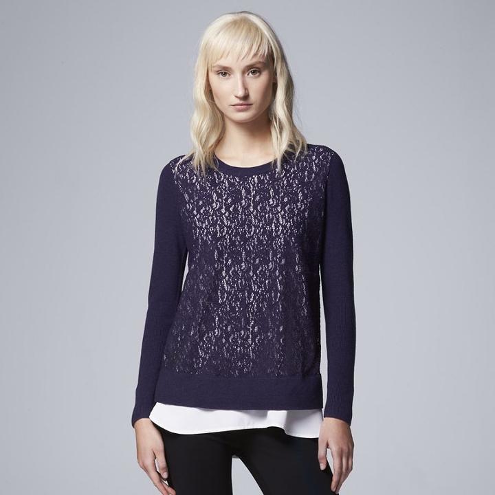 Women's Simply Vera Vera Wang Lace Mock-layer Sweater, Size: Xs, Drk Purple