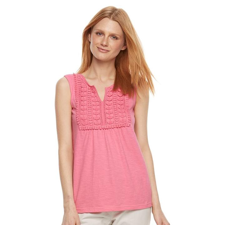 Women's Caribbean Joe Lace-front Slubbed Tank, Size: Small, Med Pink