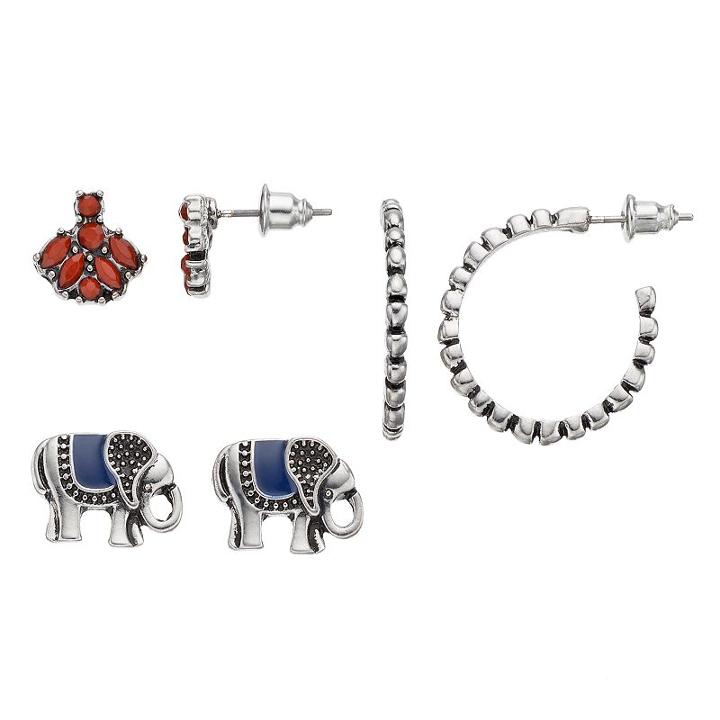Mudd&reg; Elephant Stud & Scalloped Hoop Earring Set, Women's, Multicolor