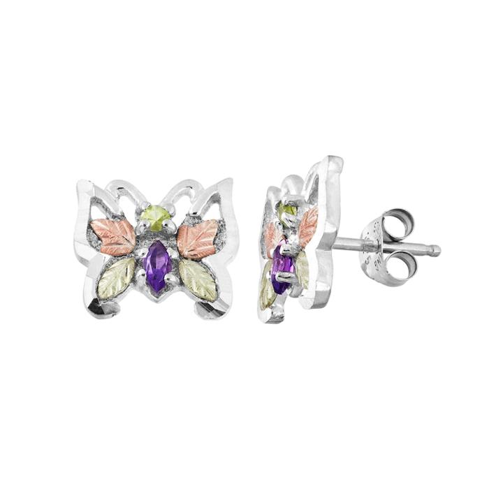 Black Hills Gold Tri-tone Amethyst & Peridot Butterfly Stud Earrings In Sterling Silver, Women's, Multicolor