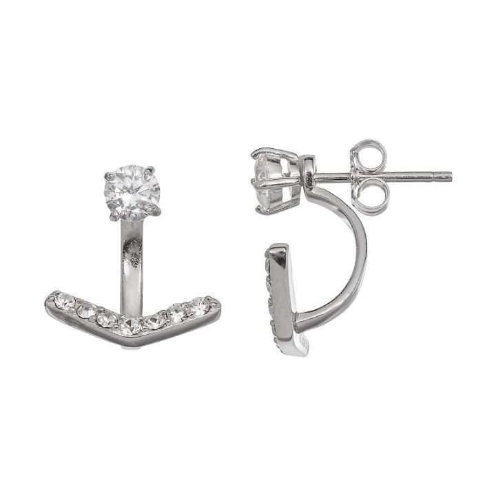 Cubic Zirconia Sterling Silver Chevron Front-back Stud Earrings, Women's, Grey
