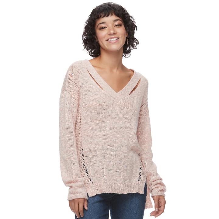 Juniors' Mudd&reg; Cut-out V-neck Sweater, Teens, Size: Small, Brt Pink