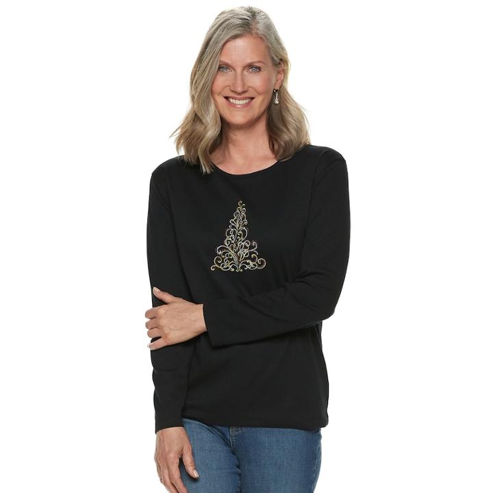 Women's Christmas Crewneck Graphic Tee, Size: Medium, Black