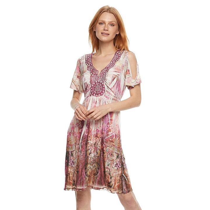 Women's World Unity Print Cold-shoulder Shift Dress, Size: Xl, Pink