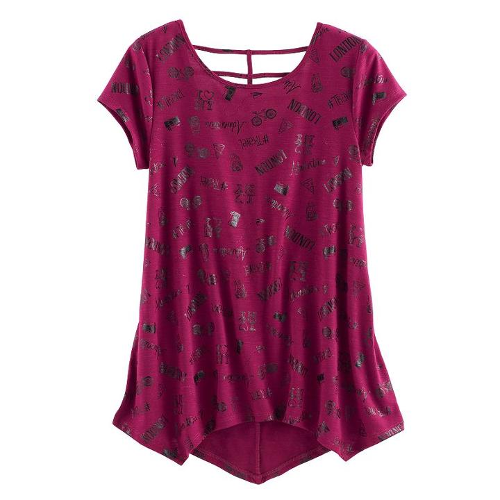 Girls 7-16 & Plus Size So&reg; Patterned Cageback Handkerchief Hem Legging Tee, Size: 7-8, Med Purple