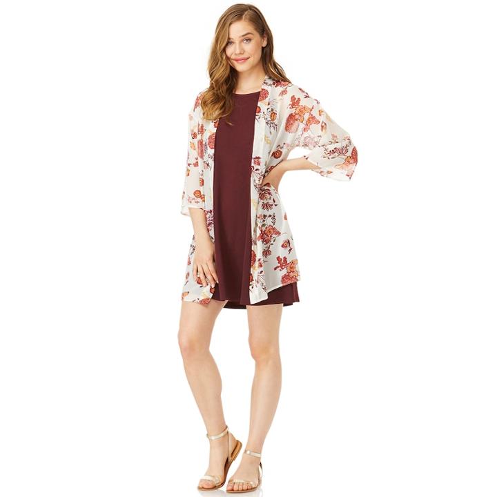 Juniors' Wallflower Solid Swing Dress & Kimono Set, Teens, Size: Large, Purple
