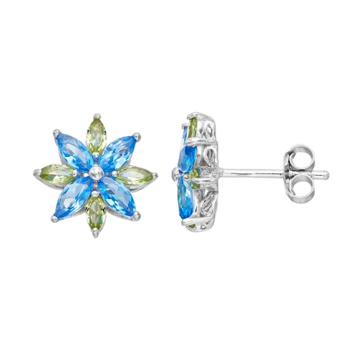Sterling Silver Simulated Blue Topaz & Peridot Flower Stud Earrings, Women's