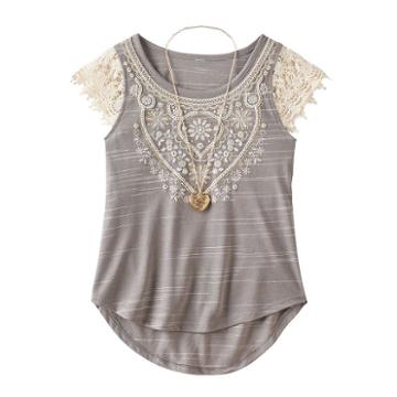 Girls 7-16 Knitworks Crochet Lace Sleeve Top With Necklace, Girl's, Size: Medium, Grey