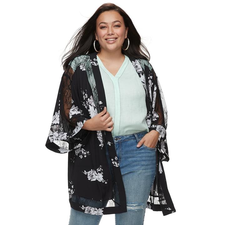 Plus Size Jennifer Lopez Lace Floral Kimono, Women's, Size: 0x-1x, Black