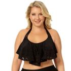 Juniors' Plus Size In Mocean Lasercut Flounce Halter Bikini Top, Size: 3xl, Black