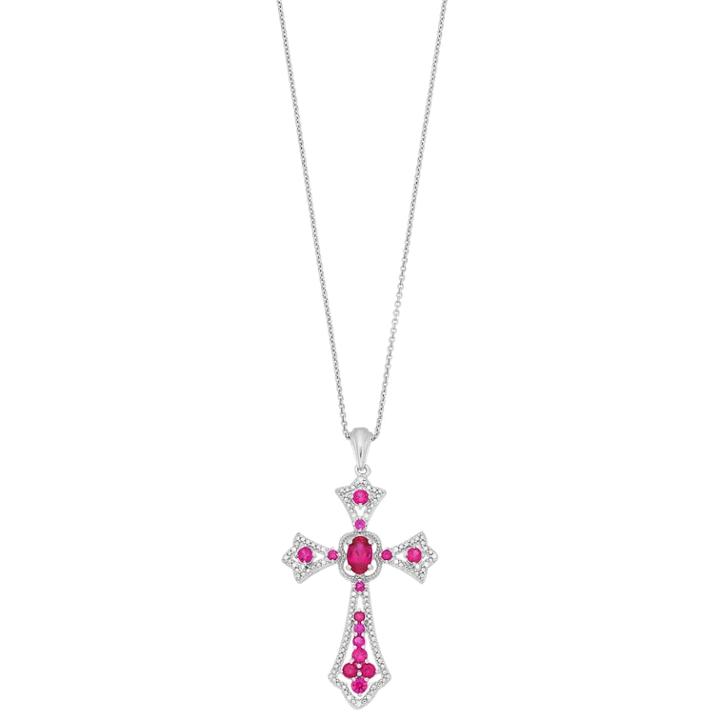 Sterling Silver Lab-created Ruby & Diamond Accent Cross Pendant Necklace, Women's, Size: 18, Red