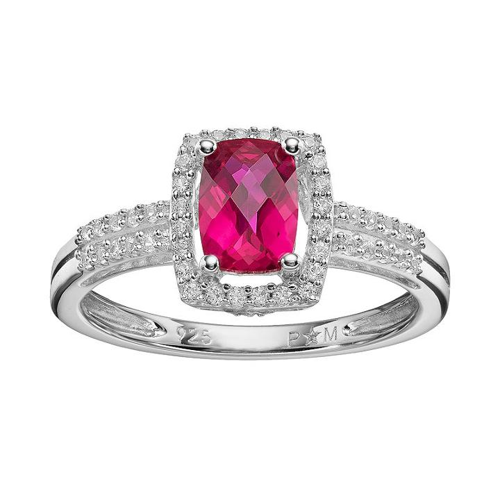 Lab-created Ruby & Lab-created White Sapphire Sterling Silver Rectangle Halo Ring, Women's, Size: 7, Red