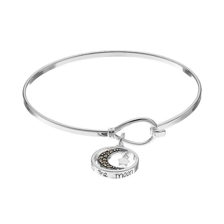 Silver Luxuries Marcasite Moon & Star Charm Bangle Bracelet, Women's, White