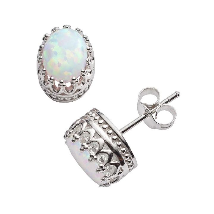 Tiara Sterling Silver Lab-created Opal Oval Crown Stud Earrings, Women's, White