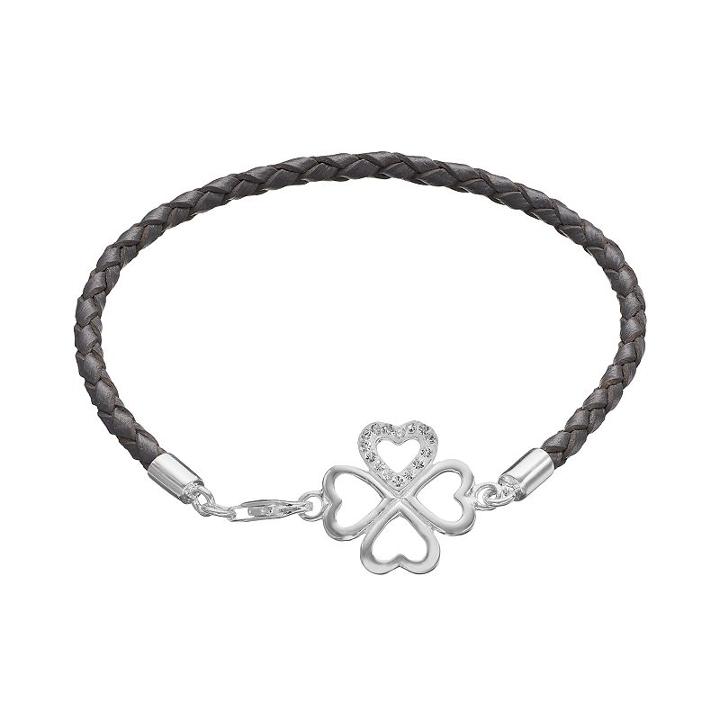 Crystal Sterling Silver Four Leaf Clover Link Woven Leather Bracelet, Women's, Size: 7.5, Grey
