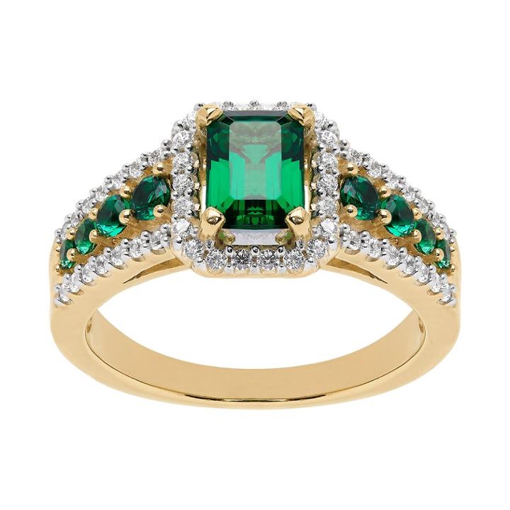 14k Gold Over Silver Lab-created Emerald Cubic Zirconia Accent Ring, Women's, Size: 7, Green