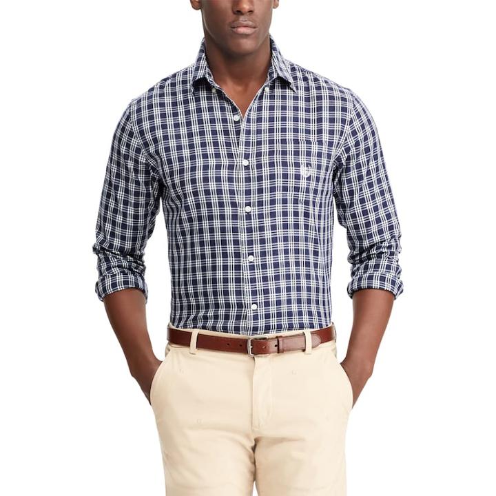 Men's Chaps Classic-fit Checked Performance Twill Button-down Shirt, Size: Xl, Blue (navy)