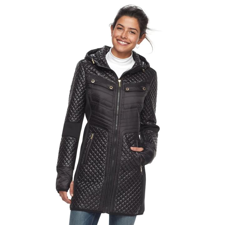 Women's Towne By London Fog Quilted Hooded Jacket, Size: Small, Black