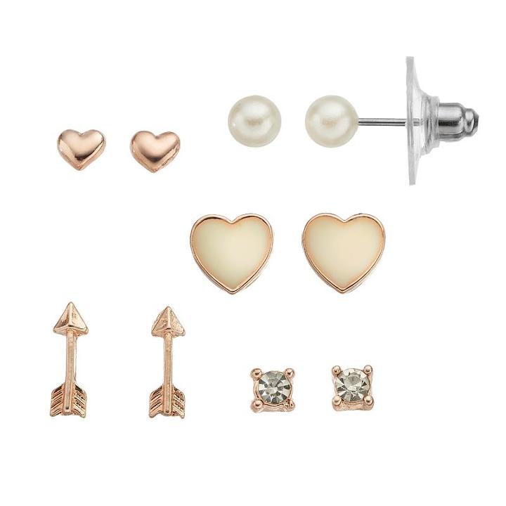 Lc Lauren Conrad Simulated Pearl, Arrow & Heart Stud Earring Set, Women's, White Oth
