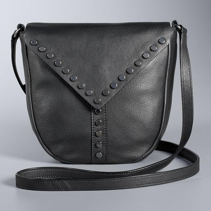 Simply Vera Vera Wang Studded Flap Leather Saddle Crossbody Bag, Women's, Black