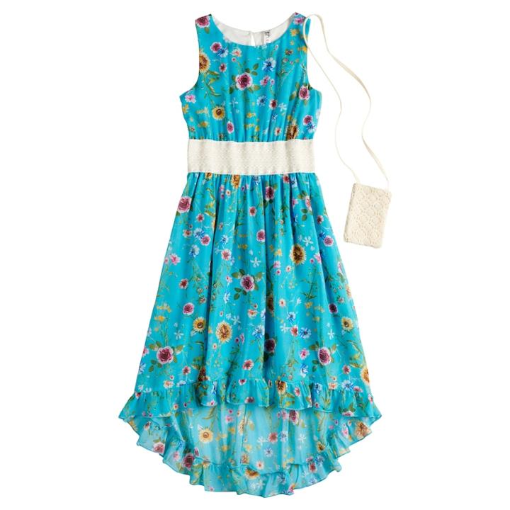 Girls 7-16 Beautees Floral Sleeveless High-low Hem Midi Dress With Purse, Size: 8, Green