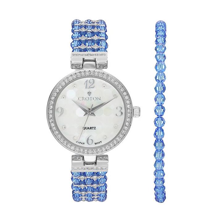 Croton Women's Austrian Crystal Watch & Beaded Bracelet Set, Blue