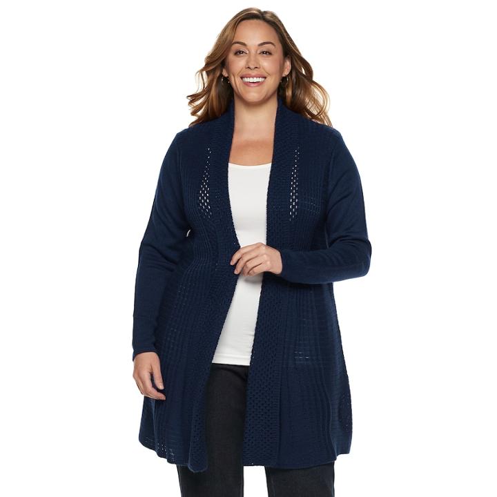 Plus Size Dana Buchman Pleated Open-work Cardigan Sweater, Women's, Size: 2xl, Blue (navy)