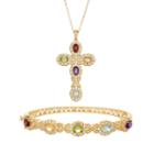 18k Gold Plated Gemstone Cross Pendant & Bangle Bracelet Set, Women's, Green