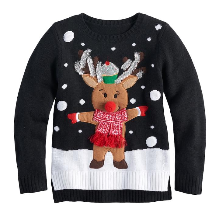 Girls 7-16 It's Our Time Reindeer Applique Light-up Ugly Christmas Sweater, Size: Small, Black Reindeer