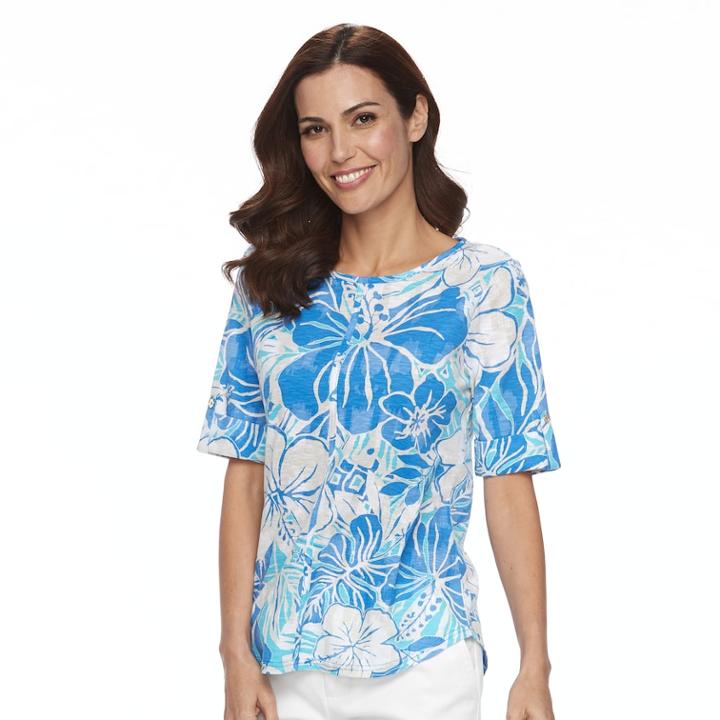 Women's Caribbean Joe Floral Print Tee, Size: Small, Blue