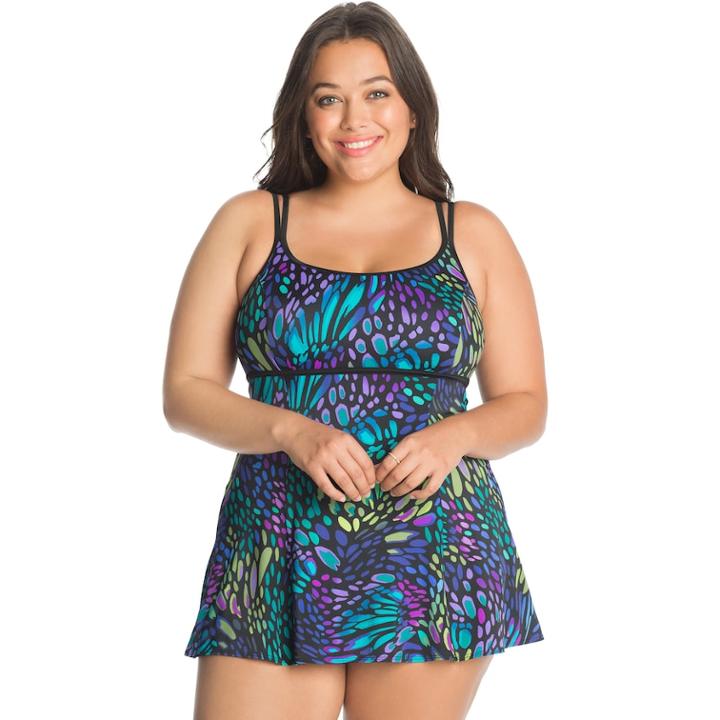 Plus Size Great Lengths Tummy Slimmer Empire Swimdress, Women's, Size: 18, Purple