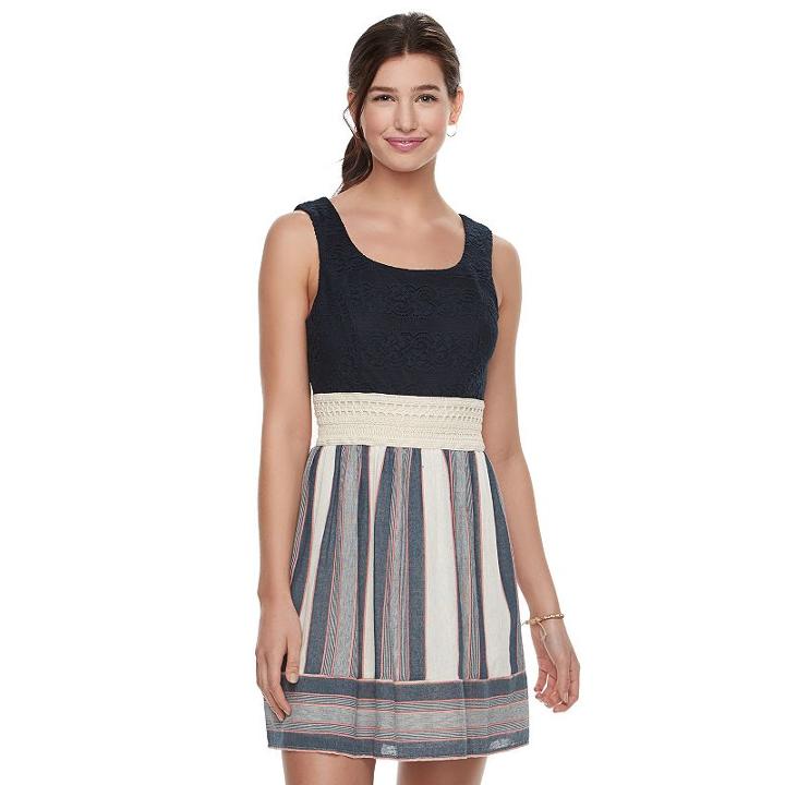 Juniors' Trixxi Lace Bodice Striped Skater Dress, Girl's, Size: Large, Blue (navy)
