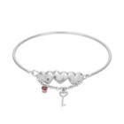 Cubic Zirconia Sterling Silver Heart And Key Charm Bangle Bracelet, Women's, Size: 7.5, Red