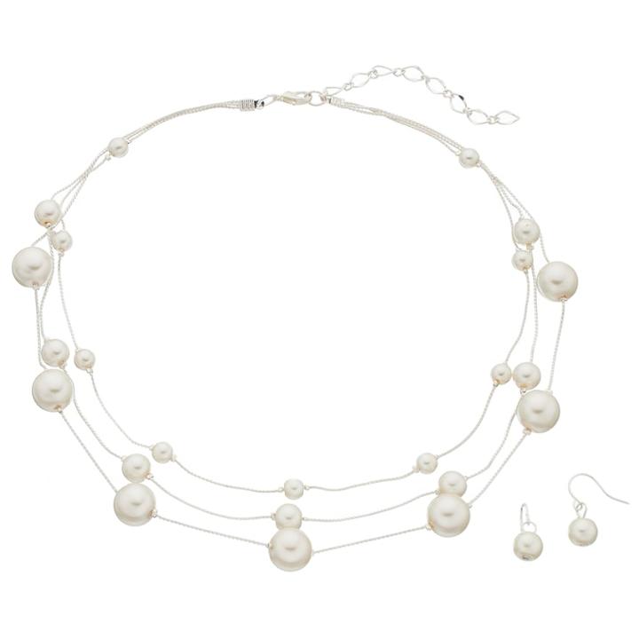 Simulated Pearl Multi Strand Necklace & Drop Earring Set, Women's, White Oth