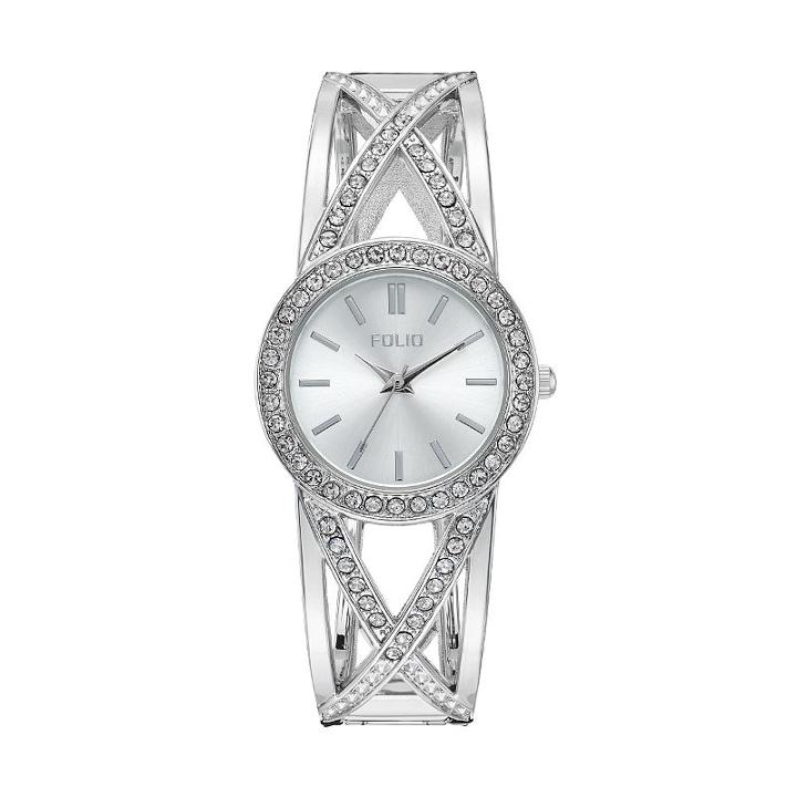 Folio Women's Crystal Crisscross Cuff Watch, Size: Medium, Silver