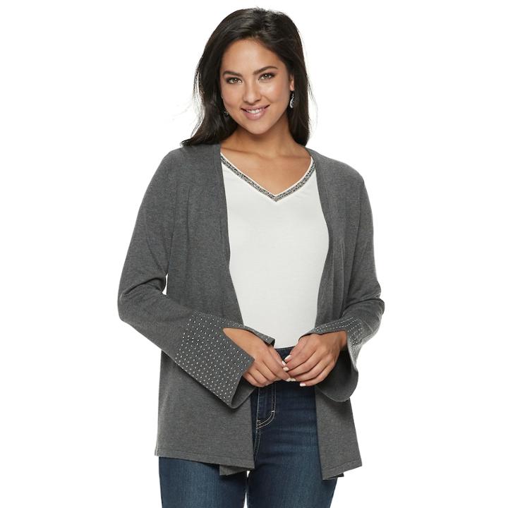 Women's Jennifer Lopez Studded Cuff Open-front Cardigan, Size: Large, Dark Grey