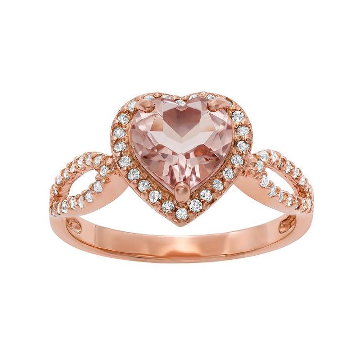 14k Rose Gold Over Silver Morganite Triplet And Lab-created White Sapphire Heart Halo Ring, Women's, Size: 8, Pink