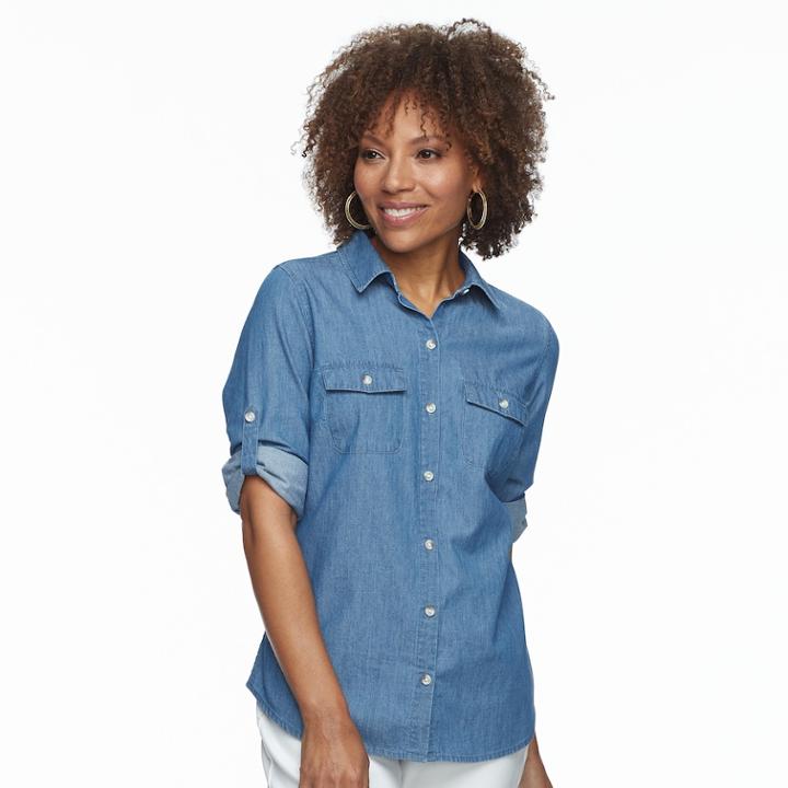 Petite Croft & Barrow&reg; 2-pocket Button Down Shirt, Women's, Size: Xs Petite, Med Blue