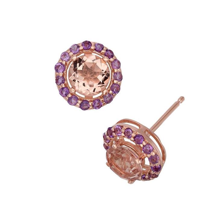 Pink Quartz Doublet And Amethyst 14k Rose Gold Over Silver Halo Stud Earrings, Women's, Multicolor