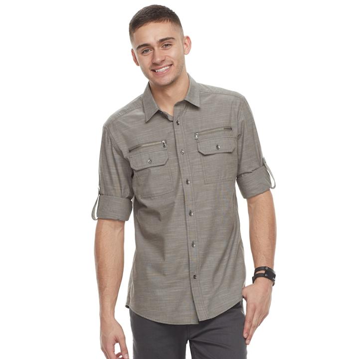 Men's Rock & Republic Zipper-pocket Button-down Shirt, Size: Large, Med Green