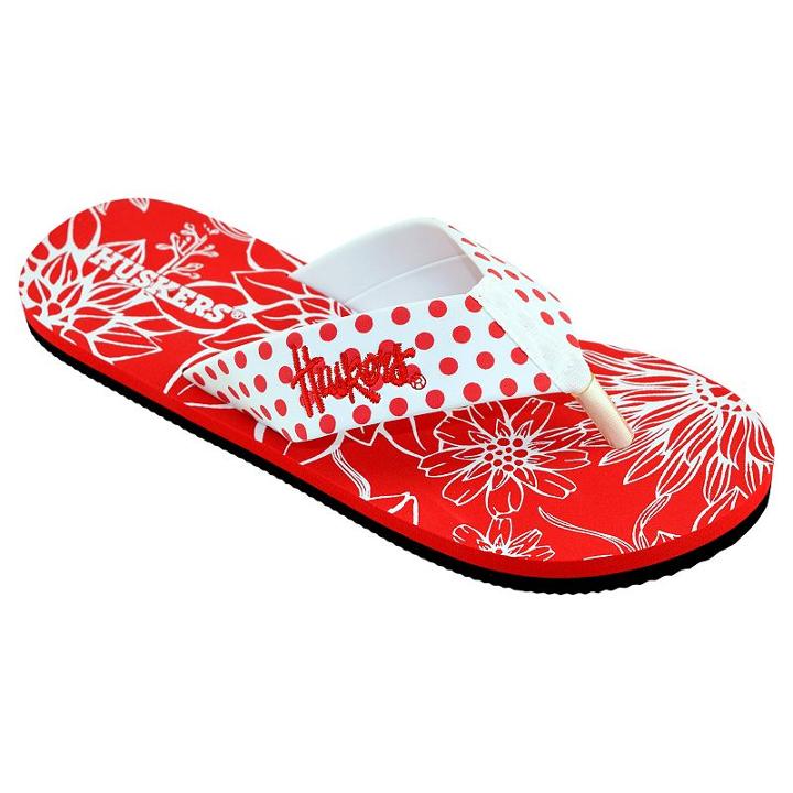 Women's College Edition Nebraska Cornhuskers Floral Polka-dot Flip-flops, Size: Large, White