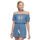 Juniors' Rewind Embroidered Off The Shoulder Romper, Teens, Size: Small, Blue