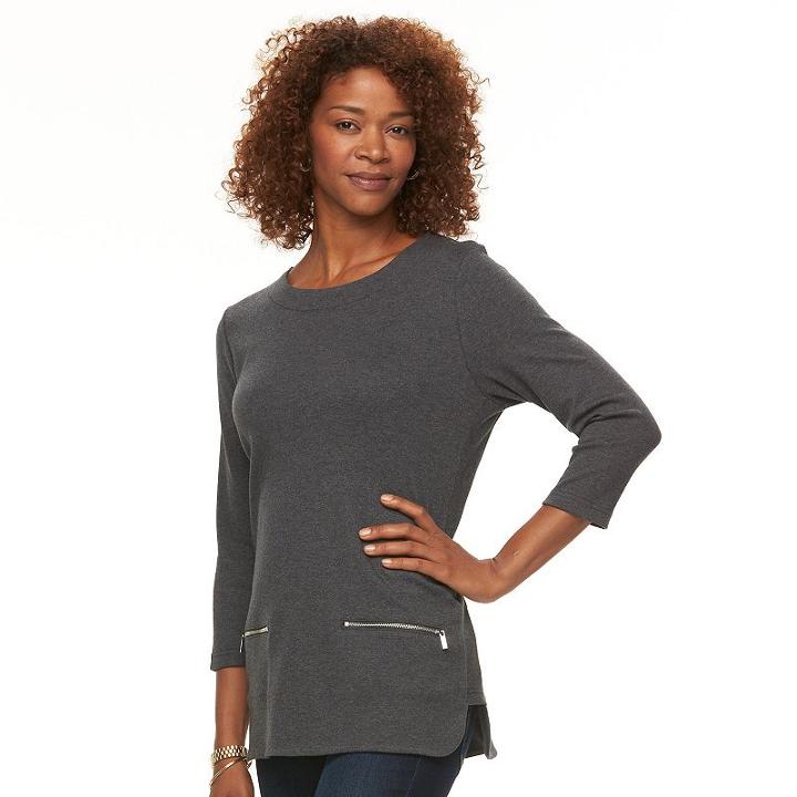 Women's Croft & Barrow&reg; Zippered Crewneck Top, Size: Xs, Dark Grey
