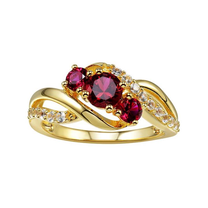 Lab-created Ruby & Lab-created White Sapphire 14k Gold-plated Silver 3-stone Bypass Ring, Women's, Size: 8, Red