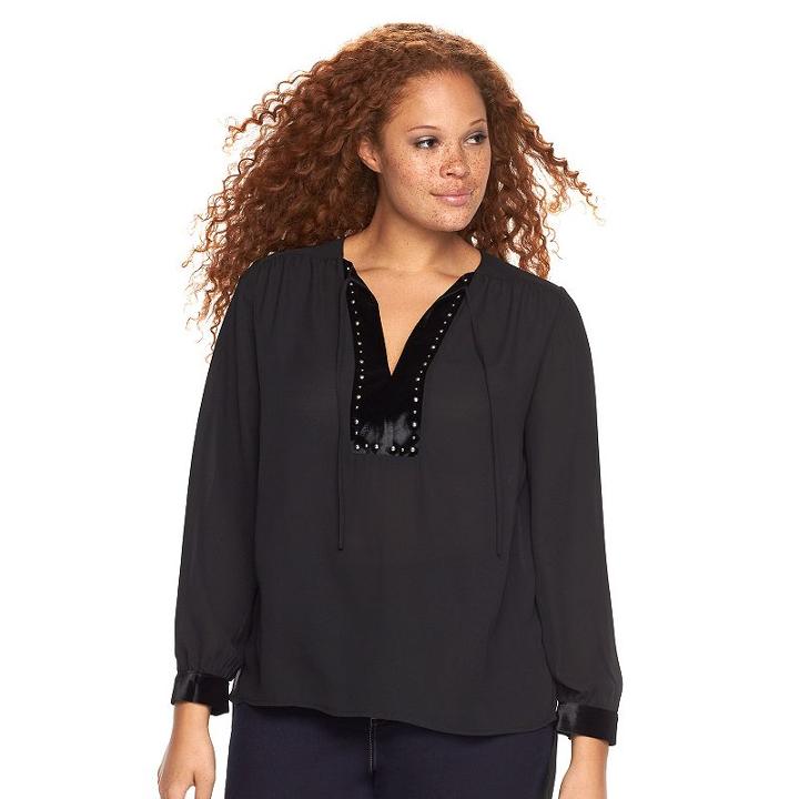 Plus Size Rock & Republic&reg; Embellished Peasant Top, Women's, Size: 1xl, Black