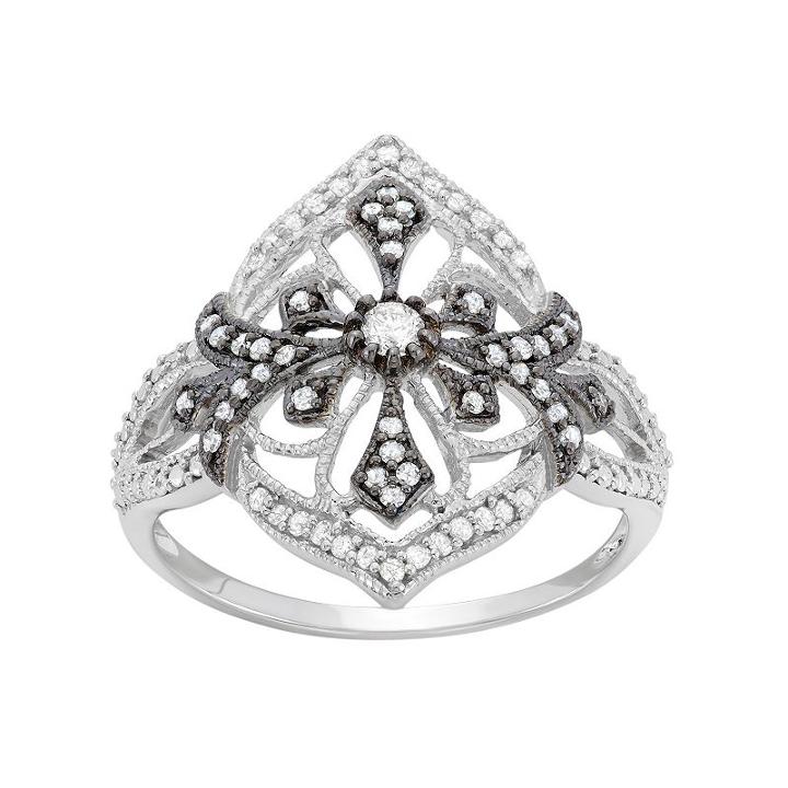 3/8 Carat T.w. Diamond Sterling Silver Flower And Cross Ring, Women's, Size: 7, White